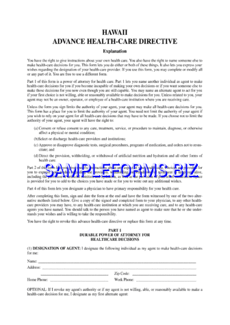 Hawaii Advance Health Care Directive Form 1 pdf free